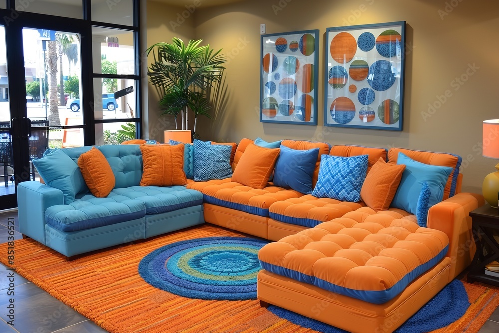 Modern sectional sofa with orange and blue accents in a bright living ...