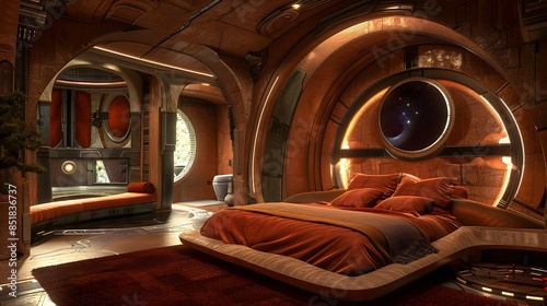 Fototapeta Naklejka Na Ścianę i Meble -  Futuristic bedroom interior on a spaceship with a view of outer space through the window, showcasing a comfortable bed and high-tech design elements. 