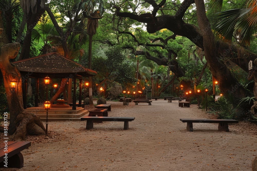 Tropical Garden Pathway Illuminated With Lanterns at Dusk