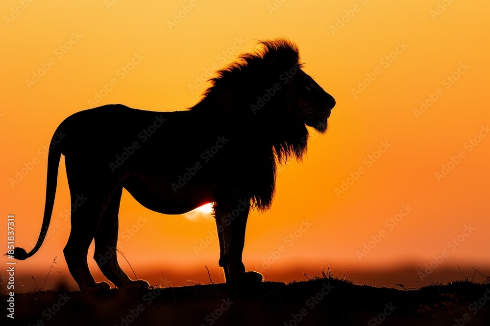 A majestic lion silhouette against a vibrant orange sunset, capturing the wild beauty of nature and the king of the jungle. A majestic lion silhouette against a vibrant orange sunset, capturing the wild beauty of nature and the king of the jungle.