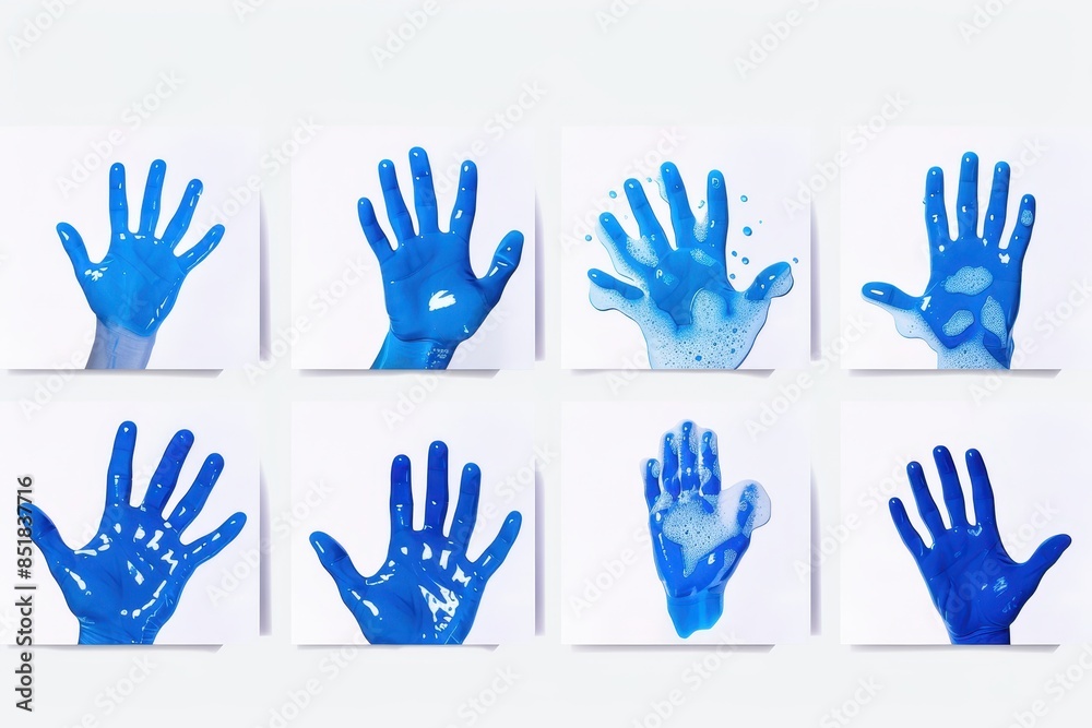 Fototapeta premium Collection of handprints in vibrant blue paint on white background, showcasing various patterns and textures in a creative display of art.