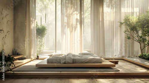 Wallpaper Mural A serene and sunlit modern bedroom with a low bed, sheer curtains, and green plants creating a tranquil atmosphere.  Torontodigital.ca