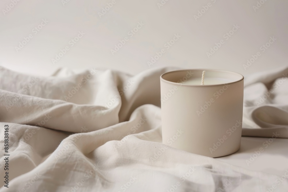Minimalist white candle on soft, wrinkled fabric background enhancing cozy and tranquil atmosphere. Perfect for home decor and relaxation.
