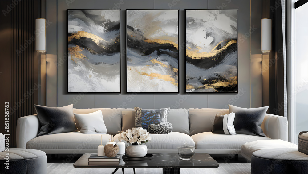 © PixelStock - Abstract Modern Art, Three anonymous paintings on canvas with golden lines, wall art for home decor, three panel vertical painting set
