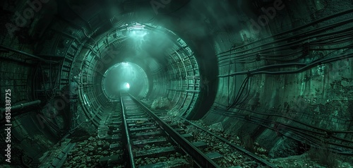 A claustrophobic subway tunnel with a single light source casting eerie shadows, suggesting danger and urgency lurking in the darkness