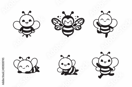 Set of cute bee silhouette vector art