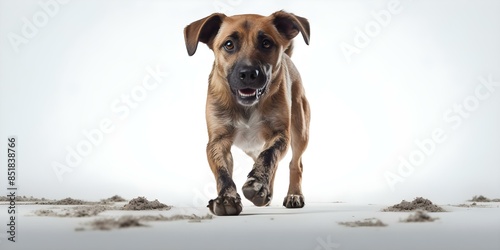 Dog with dirty paws leaving tracks on white floor looks guilty. Concept Guilty Dog, Dirty Paw Prints, White Floor, Pet Mishaps, Playful Pets photo