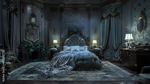A luxurious vintage bedroom with an ornate bed and elegant decor illuminated by soft lighting at night. 