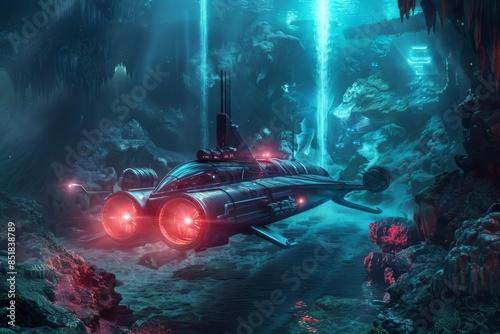 Create a scene blending futuristic tech with underwater landscapes, featuring sleek submarines amidst luminous sea caves photo