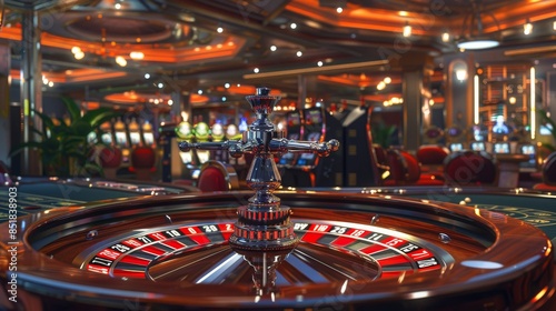 casino banner with a modern and vibrant design featuring elements such as slot machines, roulette tables and live dealers