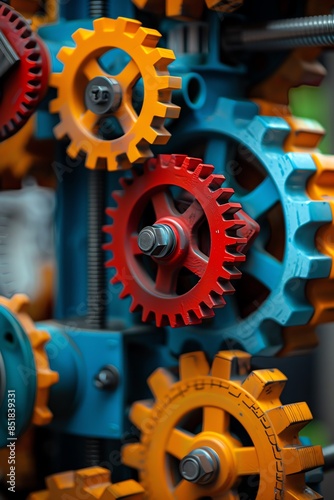 Closeup of colorful industrial machinery gears and mechanisms, showcasing intricate mechanical details and engineering precision