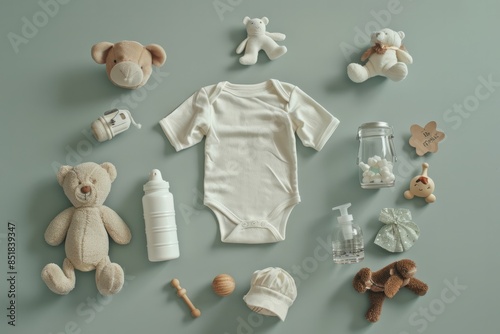 Baby white bodysuit, toys, bottle and rattle isolated on green background. A set for a newborn