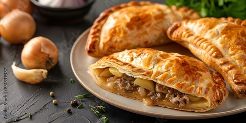 A Delicious Cornish Pasty with Beef, Potatoes, Onions, and Swede. Concept Food, British Cuisine, Cornish Pasties, Ingredients, Traditional Dish photo