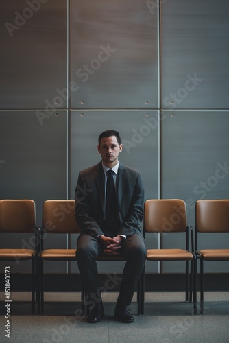 A man in a suit sitting alone in a row of chairs, looking straight ahead. Represents anticipation and waiting in a professional setting.
