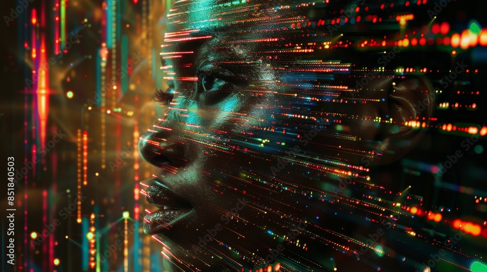 Vibrant pixel hologram of black woman s face amid glowing digital data streams in realistic photo Vibrant pixel hologram of black woman s face amid glowing digital data streams in realistic photo