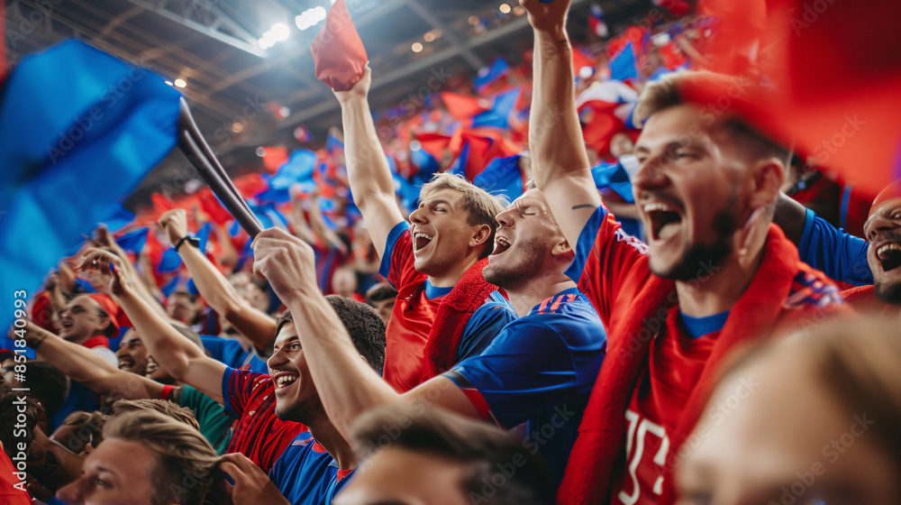 Czechia football supporter fans cheering with confetti watching soccer match event at stadium - Young people group with red t-shirts having excited fun on sport european championship concept Czechia football supporter fans cheering with confetti watching soccer match event at stadium - Young people group with red t-shirts having excited fun on sport european championship concept