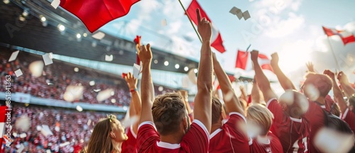 Fototapeta Naklejka Na Ścianę i Meble -  Denmark football supporter fans cheering with confetti watching soccer match event at stadium - Young people group with red t-shirts having excited fun on sport european championship concept