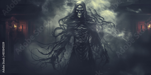 Scary grim reaper in the dark. Halloween theme