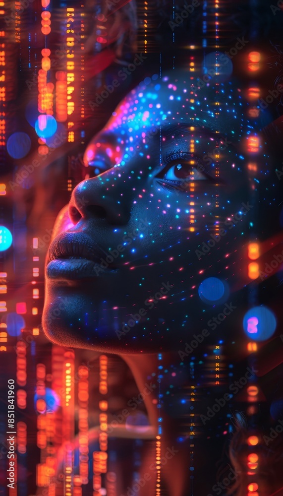 Vibrant digital hologram of black woman s face amidst glowing data streams, realistic photo Vibrant digital hologram of black woman s face amidst glowing data streams, realistic photo