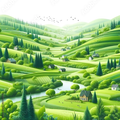 A green landscape with houses and tree design drawing graphics highquality creative Illustrative.