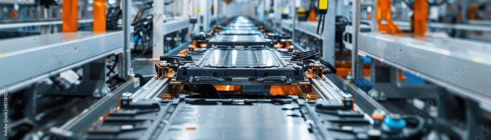 Electric vehicle battery cells are assembled on a mass production line Electric vehicle battery cells are assembled on a mass production line