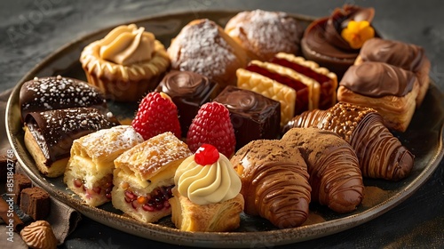 gourmet pastries and desserts, including chocolate and white cupcakes, are displayed in a wooden bowl on a table a red strawberry adds a pop of color to the photo