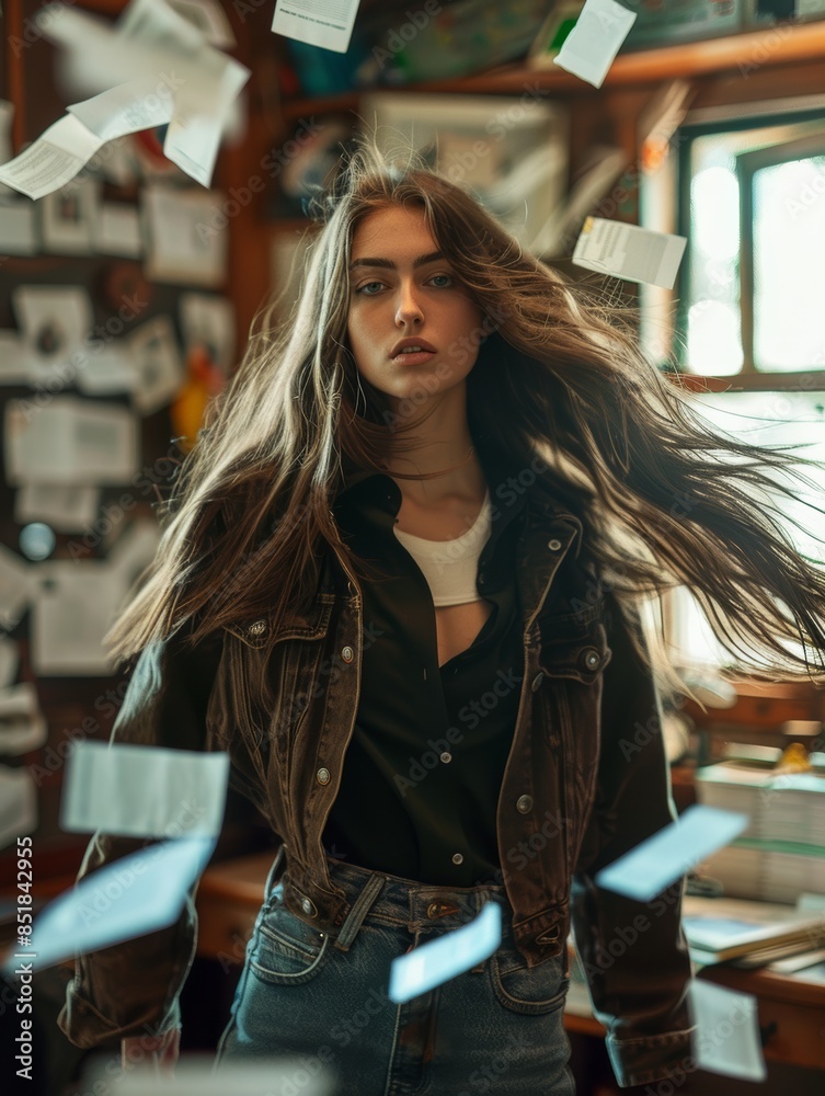 A portrait of a young woman with her hair being blown around, surrounded by levitating papers, suggesting motion A portrait of a young woman with her hair being blown around, surrounded by levitating papers, suggesting motion