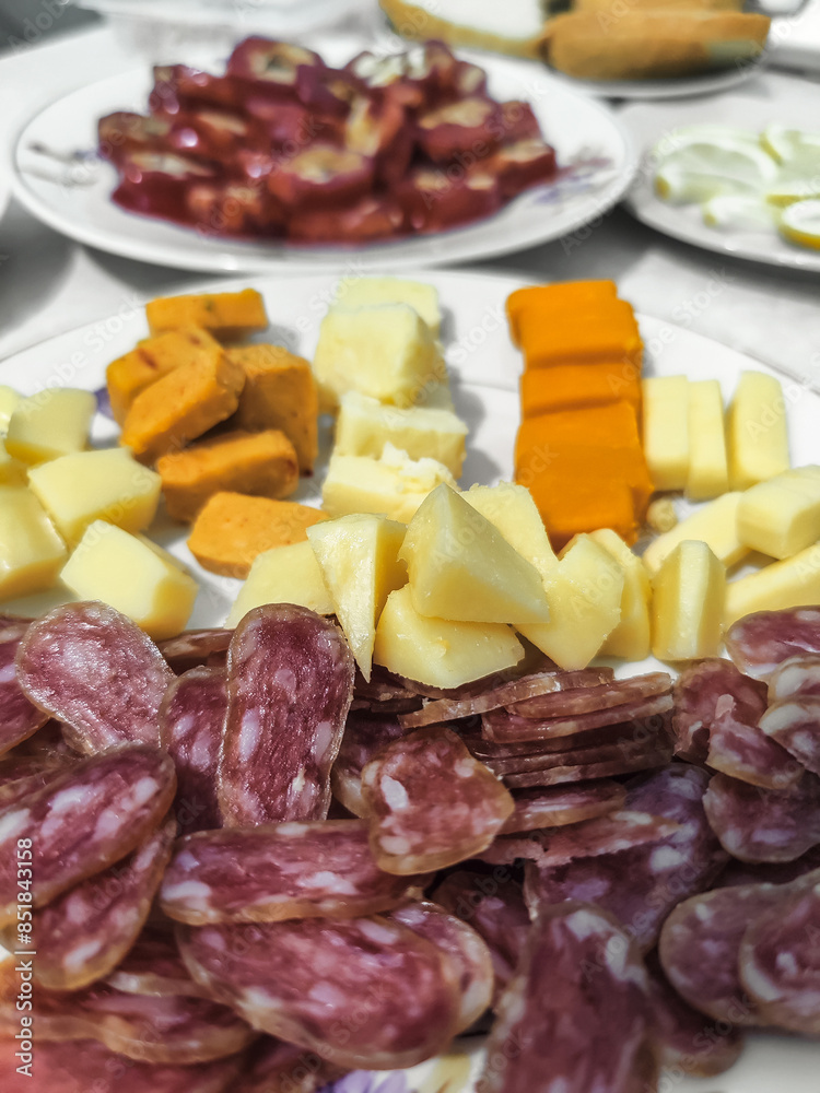 Simple feed featuring a plate adorned with several types of cheese and cured sausage cut into small pieces, offering variety of flavors. Close-up. Simple feed featuring a plate adorned with several types of cheese and cured sausage cut into small pieces, offering variety of flavors. Close-up.