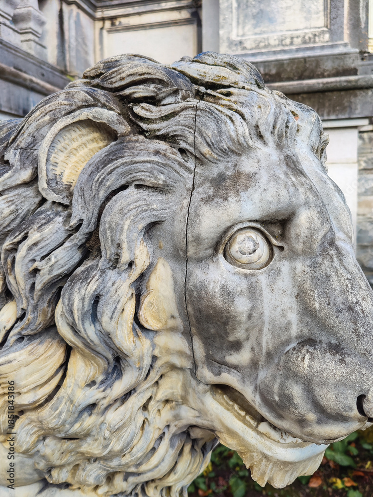 Ancient statue of lion, weathered and majestic, made of white marble with traces of moss. Animal monument with crack. Black and white photo. Ancient statue of lion, weathered and majestic, made of white marble with traces of moss. Animal monument with crack. Black and white photo.