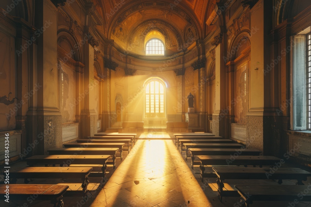 Empty Italian church with pews for seating. The sun's rays passing through the windows of the church Empty Italian church with pews for seating. The sun's rays passing through the windows of the church