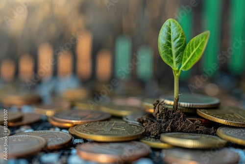 A small plant is growing on top of a pile of coins. The coins are of different sizes and colors, and the plant is surrounded by them. Concept of growth and prosperity, as the plant represents new life photo