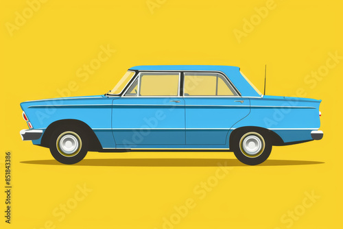 flat illustration of blue vintage car on yellow background