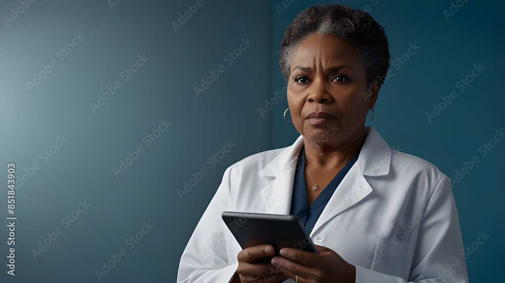 A black woman in her 60s, wearing a white shirt and a bold face, stands boldly against a blue background. Female doctor holding Tablet. Generative AI A black woman in her 60s, wearing a white shirt and a bold face, stands boldly against a blue background. Female doctor holding Tablet. Generative AI