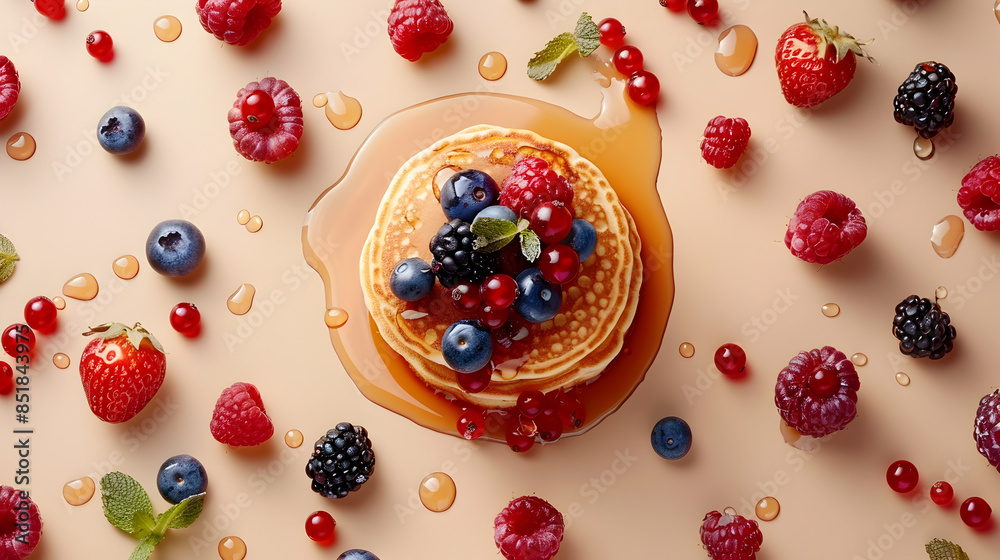 Delicious Stack of Pancakes with Syrup and Berries on Ceramic Surface Delicious Stack of Pancakes with Syrup and Berries on Ceramic Surface