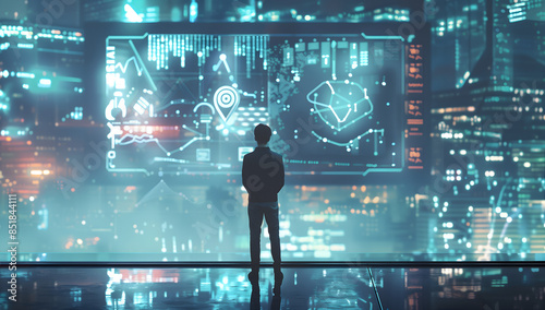 Wallpaper Mural A businessman stands in front of an interactive digital screen displaying data and graphs, with his back to the camera
 Torontodigital.ca