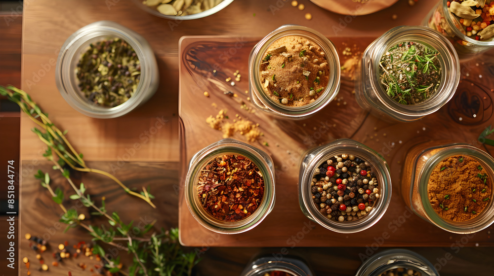 Exquisite Gourmet Spice Jar Set in Warm Earthy Tones on Rustic Kitchen Background - Culinary Photography Exquisite Gourmet Spice Jar Set in Warm Earthy Tones on Rustic Kitchen Background - Culinary Photography