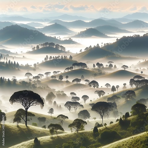 A landscape of hills with tree design drawing graphics and fog Vibrant eyecatching Vibrant vector.