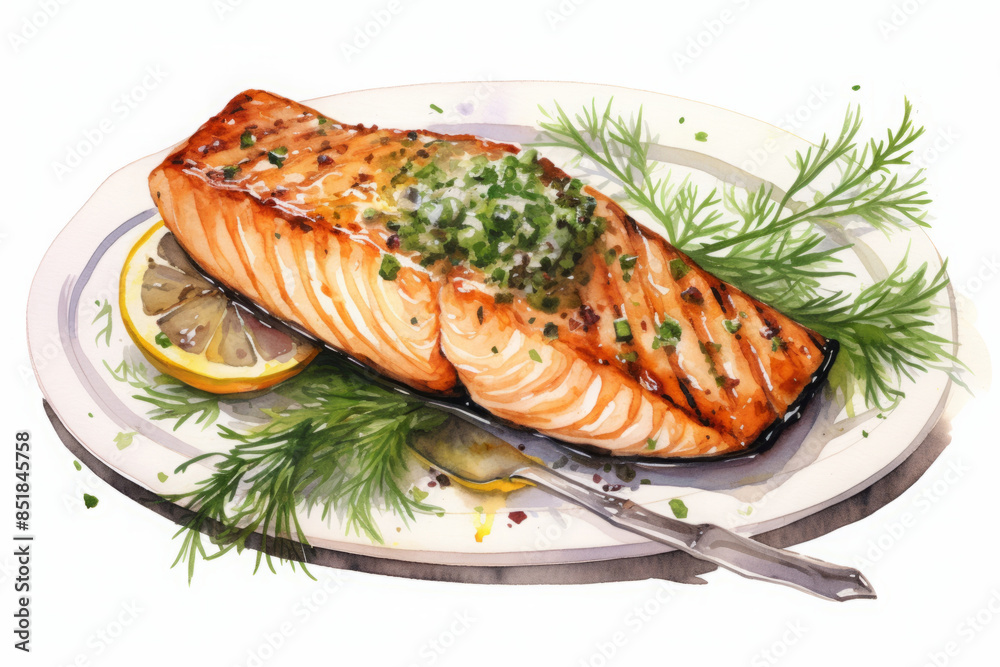 Watercolor illustration of grilled salmon with lime
