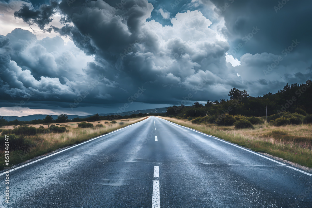 Naklejka premium Dark road with stormy sky, long distance view. A wide highway leading into the horizon under dark clouds and lightning 