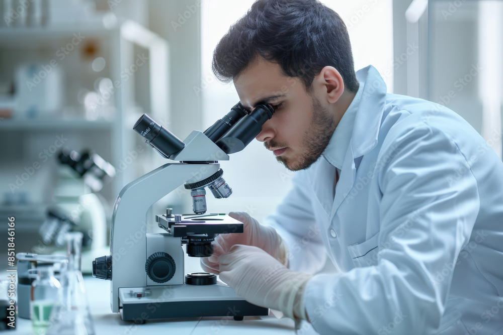 Scientist wearing a lab coat looking through a microscope, analyzing bacteria samples in a laboratory setting Scientist wearing a lab coat looking through a microscope, analyzing bacteria samples in a laboratory setting
