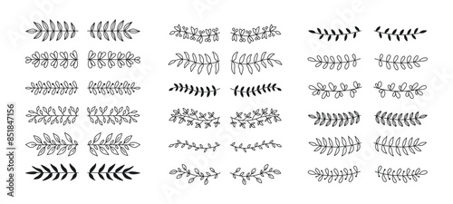 Set of doodles with laurel and floral text dividers. Branches, ornamental divider, borders, lines. Hand drawn vector illustration on white background
