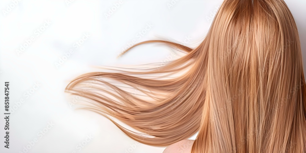 Keratin-treated hair displayed on a white background, highlighting its fullness. Concept Haircare, Keratin Treatment, White Background, Fullness, Volume Keratin-treated hair displayed on a white background, highlighting its fullness. Concept Haircare, Keratin Treatment, White Background, Fullness, Volume