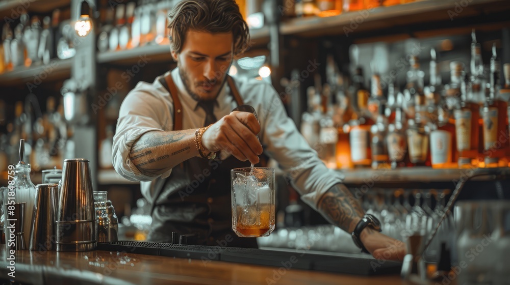 A bartender in action, mixing or stirring a cocktail behind the bar, with a focused and professional expression. Generative AI. A bartender in action, mixing or stirring a cocktail behind the bar, with a focused and professional expression. Generative AI.