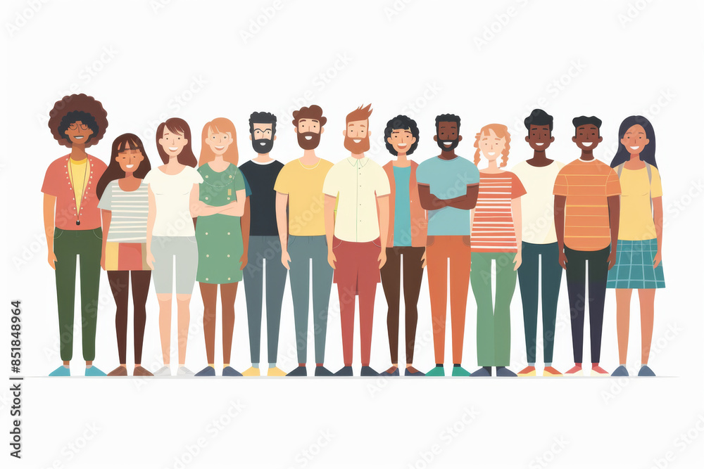 flat illustration of a diverse group of people standing together isolated on white background flat illustration of a diverse group of people standing together isolated on white background