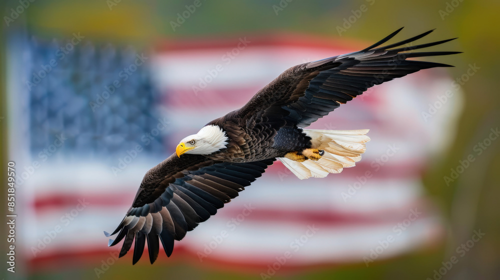 Naklejka premium Majestic bald eagle is flying with powerful wings spread wide against the backdrop of a blurred american flag