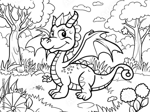 Children picture, coloring book. Dragon is walking in the park. Generative ai vector.