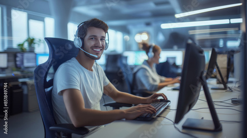 A call center agent in a t-shirt wearing a headset, smiling while working