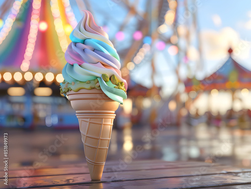 Vibrant Rainbow Pistachio Ice Cream Cone in Amusement Park Setting