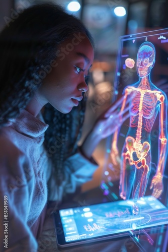 Woman holding tablet hologram depicting human body anatomy for online research, analysis, or e-learning. Virtual screen display, African female concentration, medical student innovative thinking