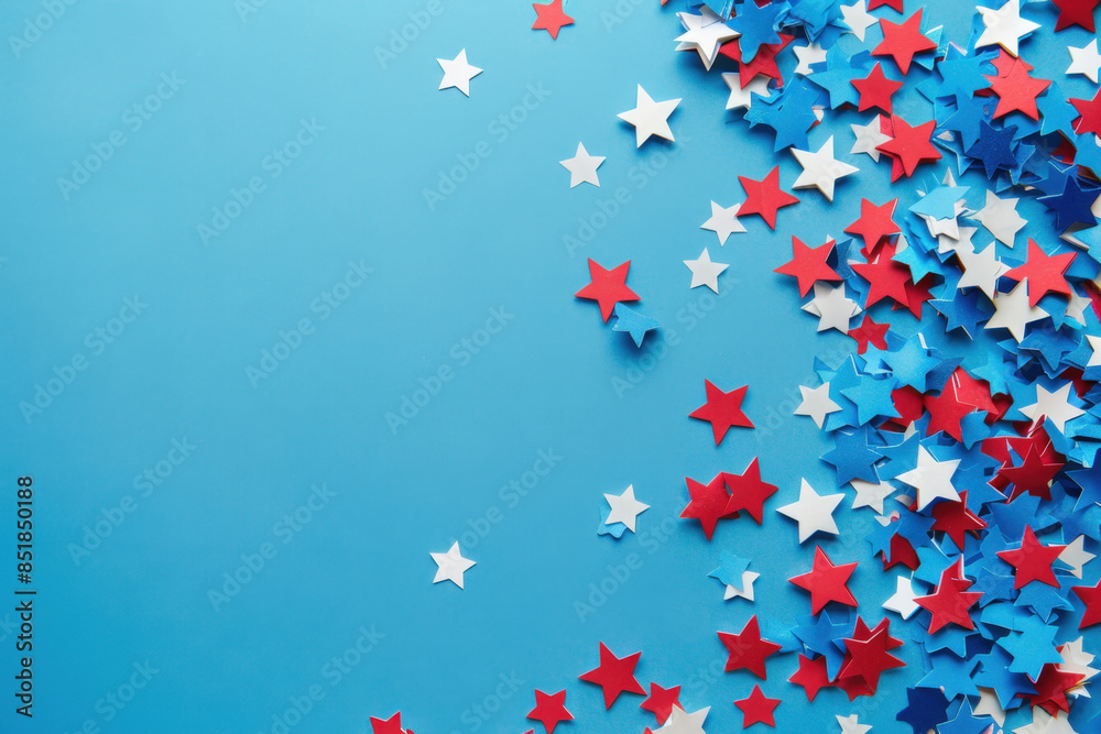 Red, white, and blue star shaped confetti creating us flag colors on blue background for patriotic holiday celebration for 4th of July independence Day Red, white, and blue star shaped confetti creating us flag colors on blue background for patriotic holiday celebration for 4th of July independence Day